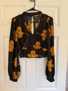 Sienna Sky Black Crop Blouse with Mustard Floral Print